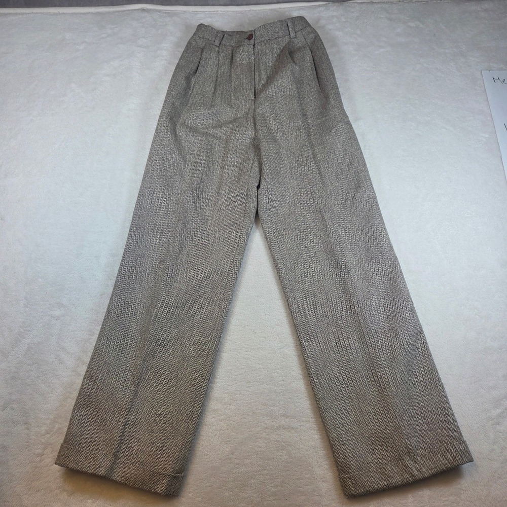 Vintage Herringbone High Waisted Pleated Trousers Brn/Tan Wide Leg Cuffed 25x30